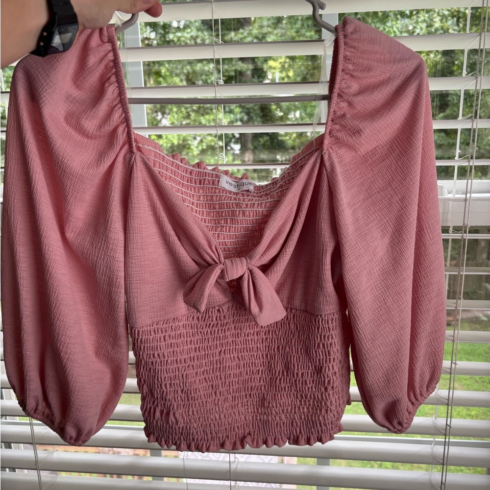 Vestique Pink Smocked Blouse with Bow